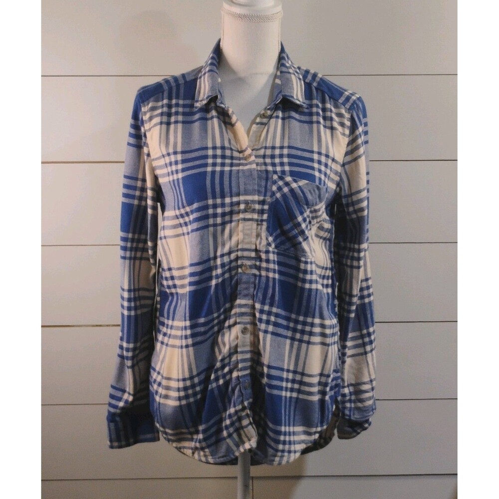 American Eagle Outfitters boyfriend plaid button-up blue/white shirt S